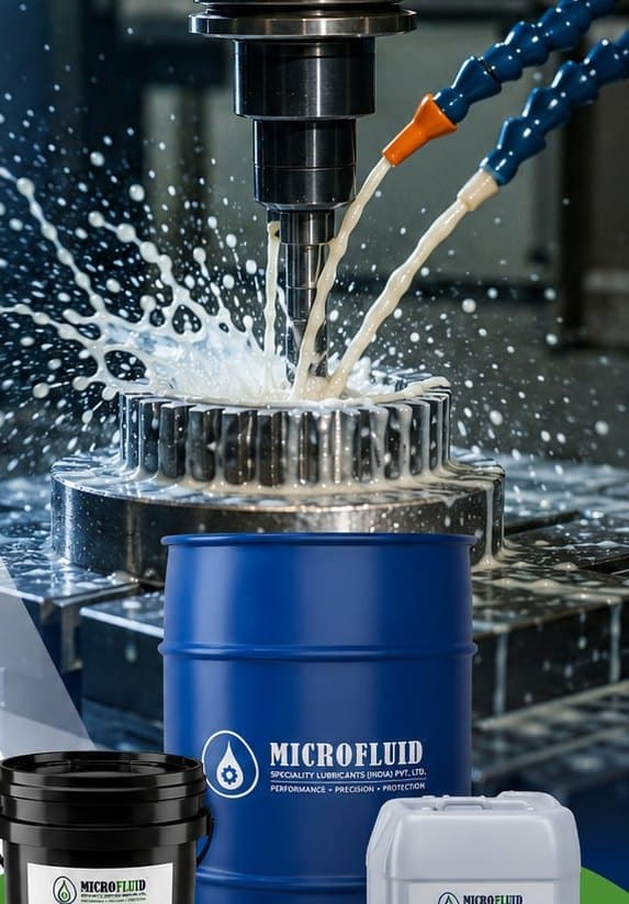 Microfluid coolant drum beside a CNC spindle flooding a gear blank
